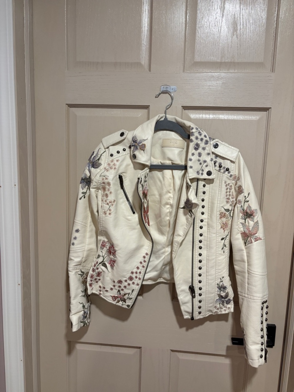 Blank NYC Cream Embroidered Leather Biker Jacket